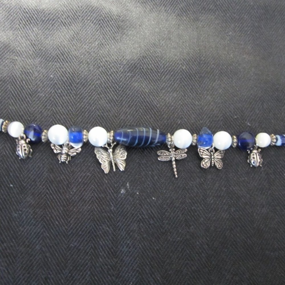 Handmade Beaded Blue & White/ Insects Bracelet